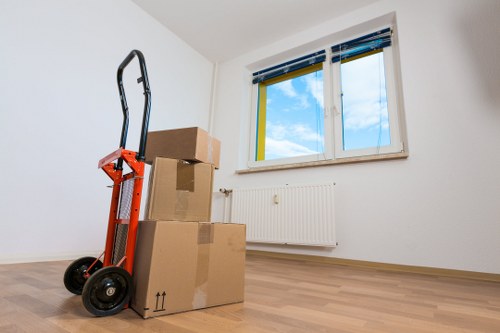 Packed boxes and furniture prepared for transport in Knightsbridge